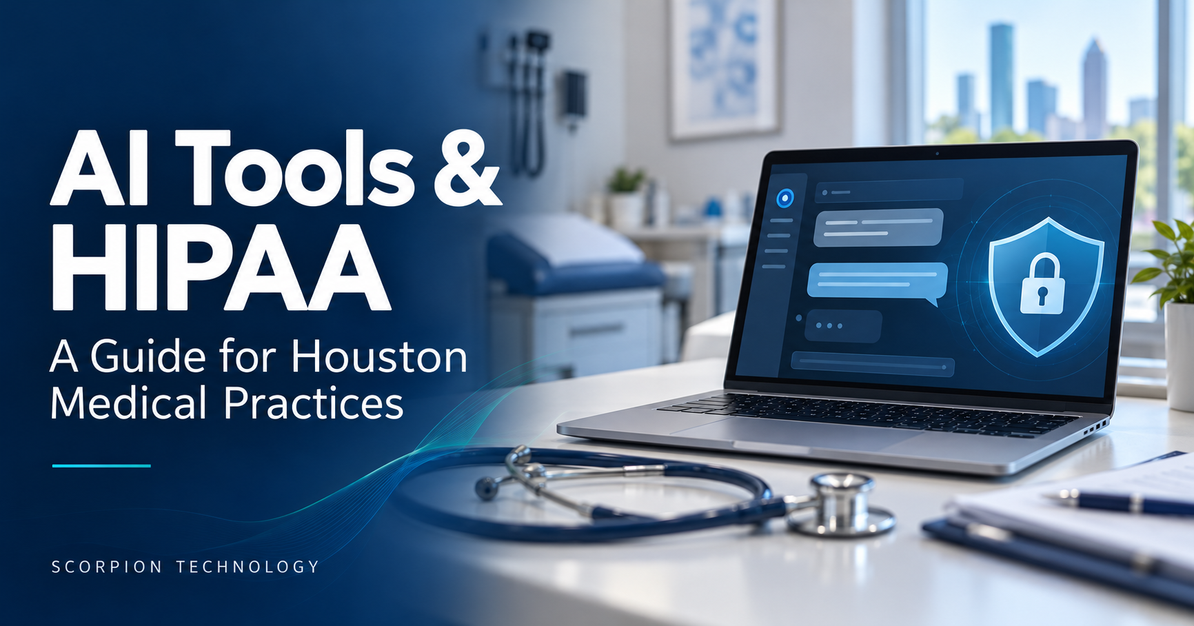 AI tools and HIPAA guide for Houston medical practices, featuring a laptop with a privacy shield in a medical office.